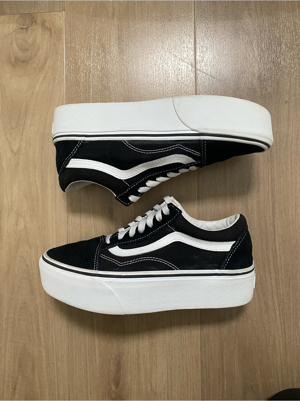 Vans Old Skool Stackform Suede Canvas Black White Platform Sneakers Size 7.5 - Picture 4 of 13